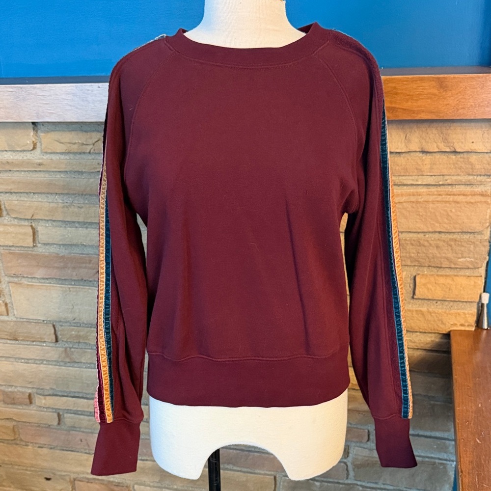 Evereve Burgundy Sweatshirt with Colorful Sleeve Stripes